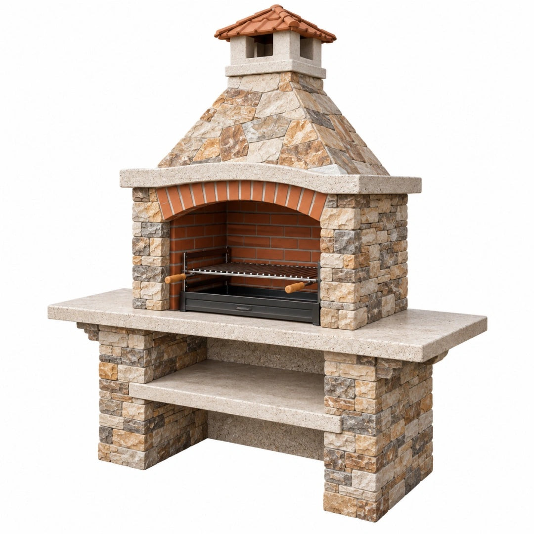 Barbecue de jardin 170 x 90 x 220 cm en pierre beige avec grille en métal style rustique
