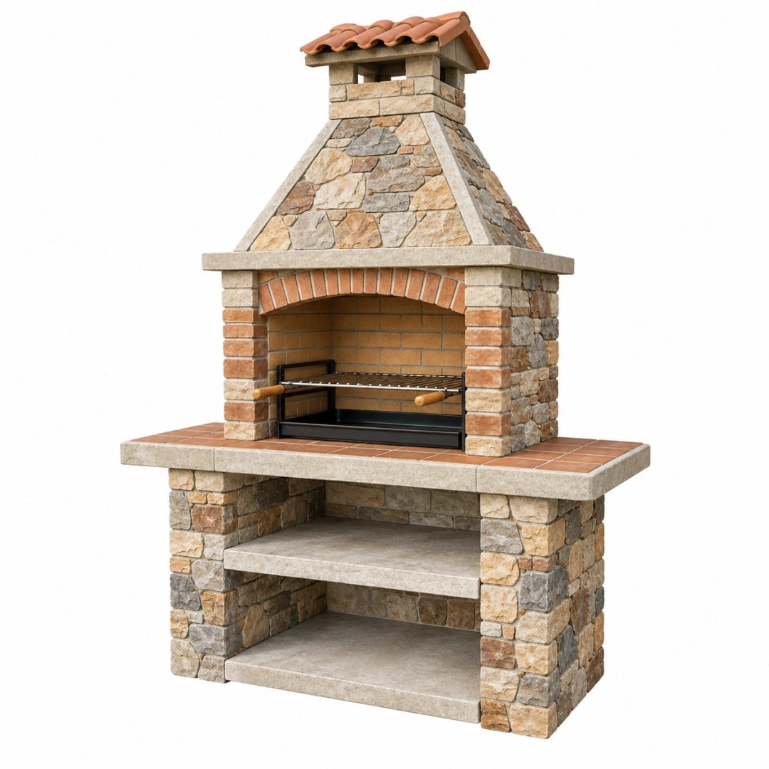 Barbecue de jardin 140 x 80 x 220 cm en pierre beige et brique avec grille style méditerranéen