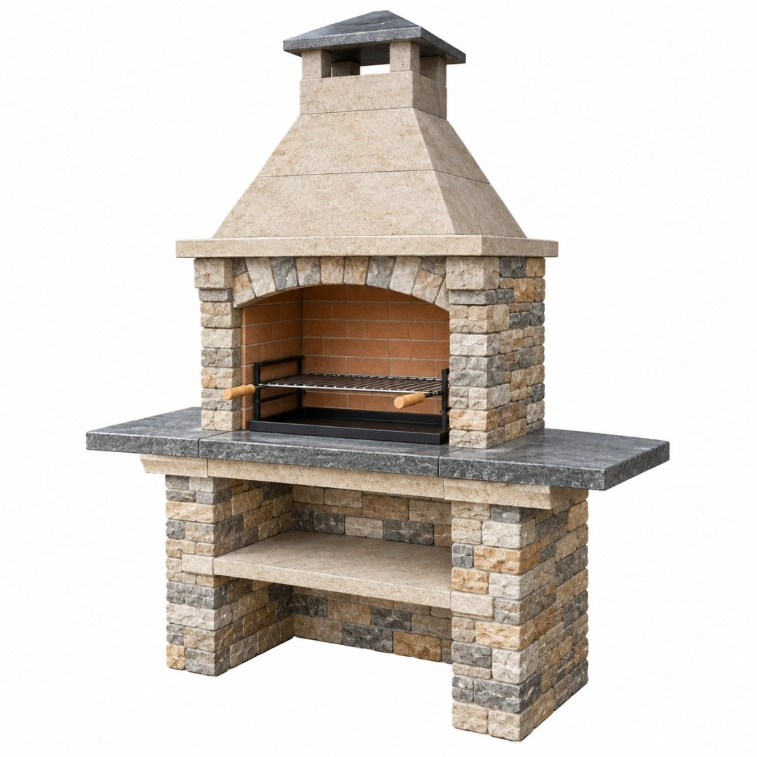 Barbecue de jardin 180 x 70 x 220 cm en pierre beige et gris avec grille réglable style rustique