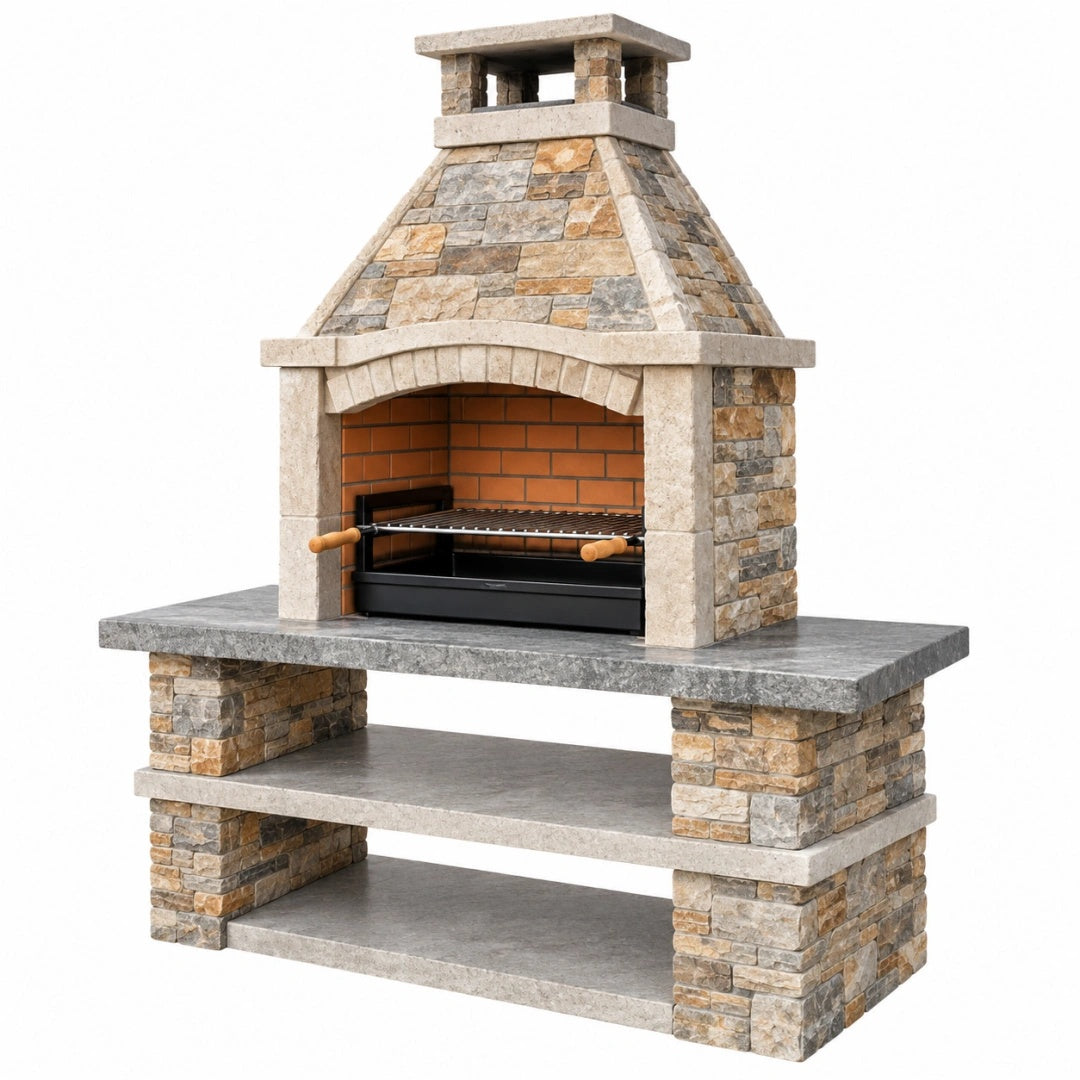 Barbecue de jardin 160 x 70 x 220 cm en pierre avec grille en métal style rustique