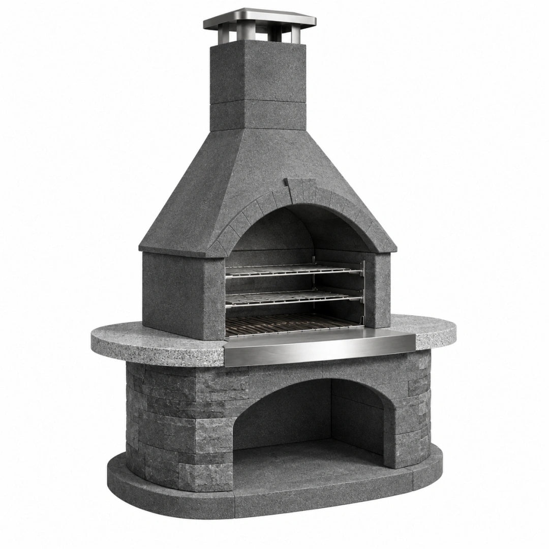Barbecue de jardin 120 x 90 x 220 cm en pierre anthracite avec grilles en acier inoxydable
