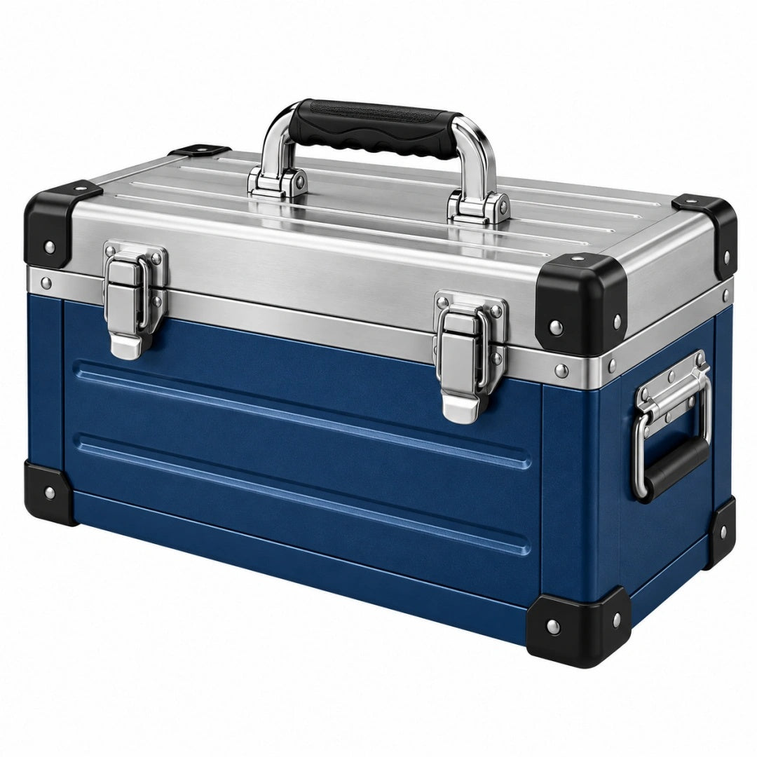Mallette de rangement 45 cm en aluminium bleu avec poignées et fermetures