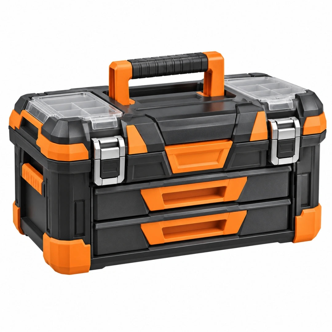 Boîte à outils 50 cm en plastique noir orange avec 2 tiroirs et organiseurs