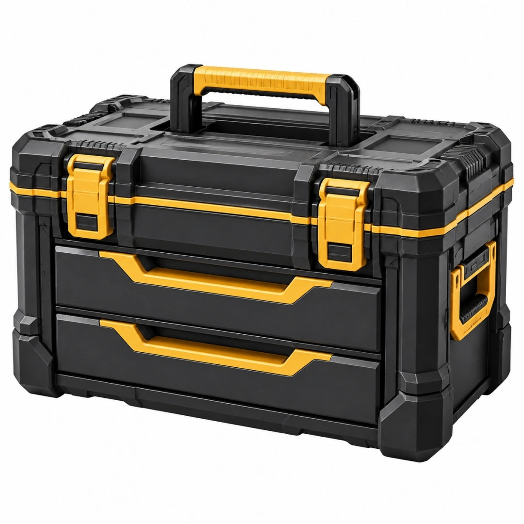 Caisse à outils 45 cm en plastique noir et jaune avec tiroirs et poignée de transport