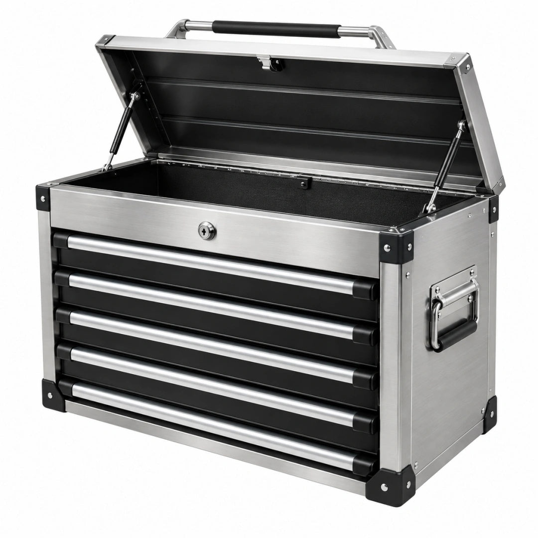 Coffre à outils 67 x 30 x 47 cm en acier et aluminium noir argenté avec 5 tiroirs portable