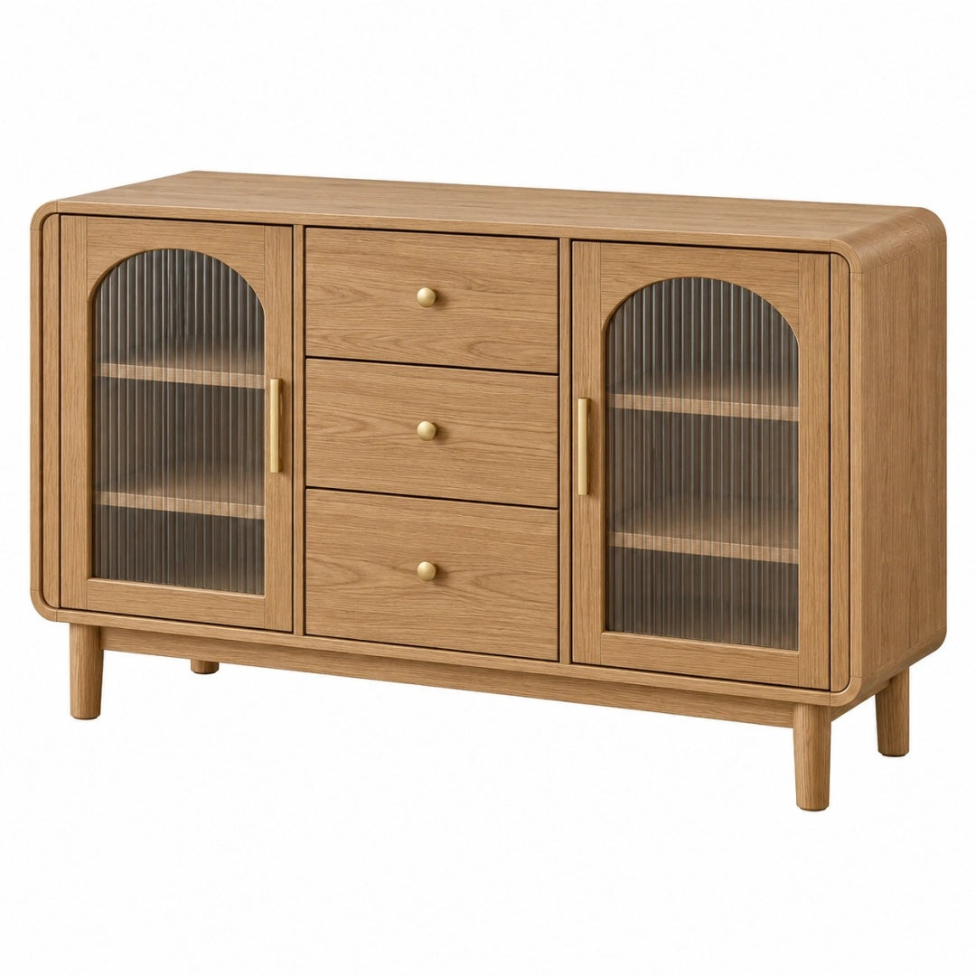 Buffet 140 x 40 x 85 cm en bois chêne naturel avec verre strié et 3 tiroirs style rétro