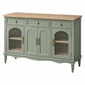 Buffet 150 cm vert sauge en bois avec plateau effet chêne et portes vitrées style classique