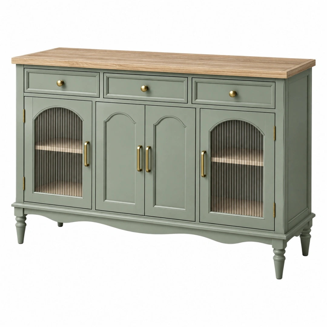 Buffet 150 cm vert sauge en bois avec plateau effet chêne et portes vitrées style classique