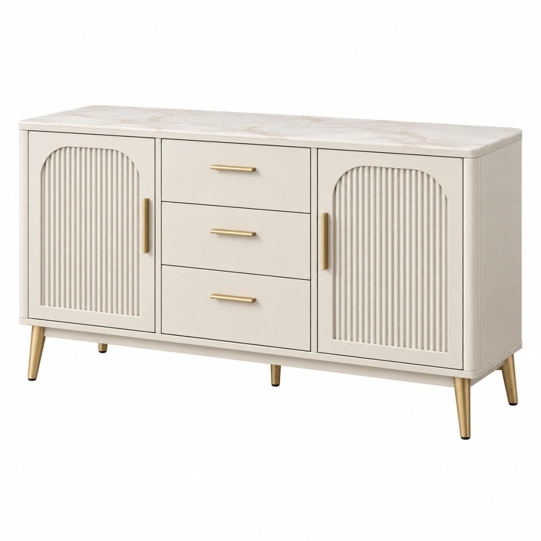 Buffet 160 x 40 x 80 cm en panneaux de bois blanc et doré avec 3 tiroirs style contemporain