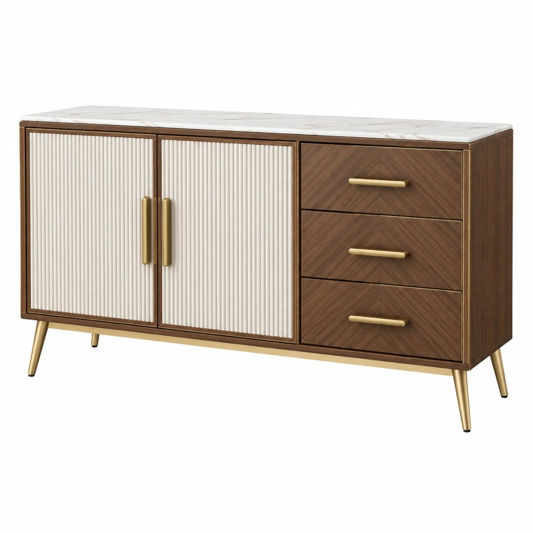 Buffet 160 cm en bois brun et blanc avec plateau effet marbre style contemporain
