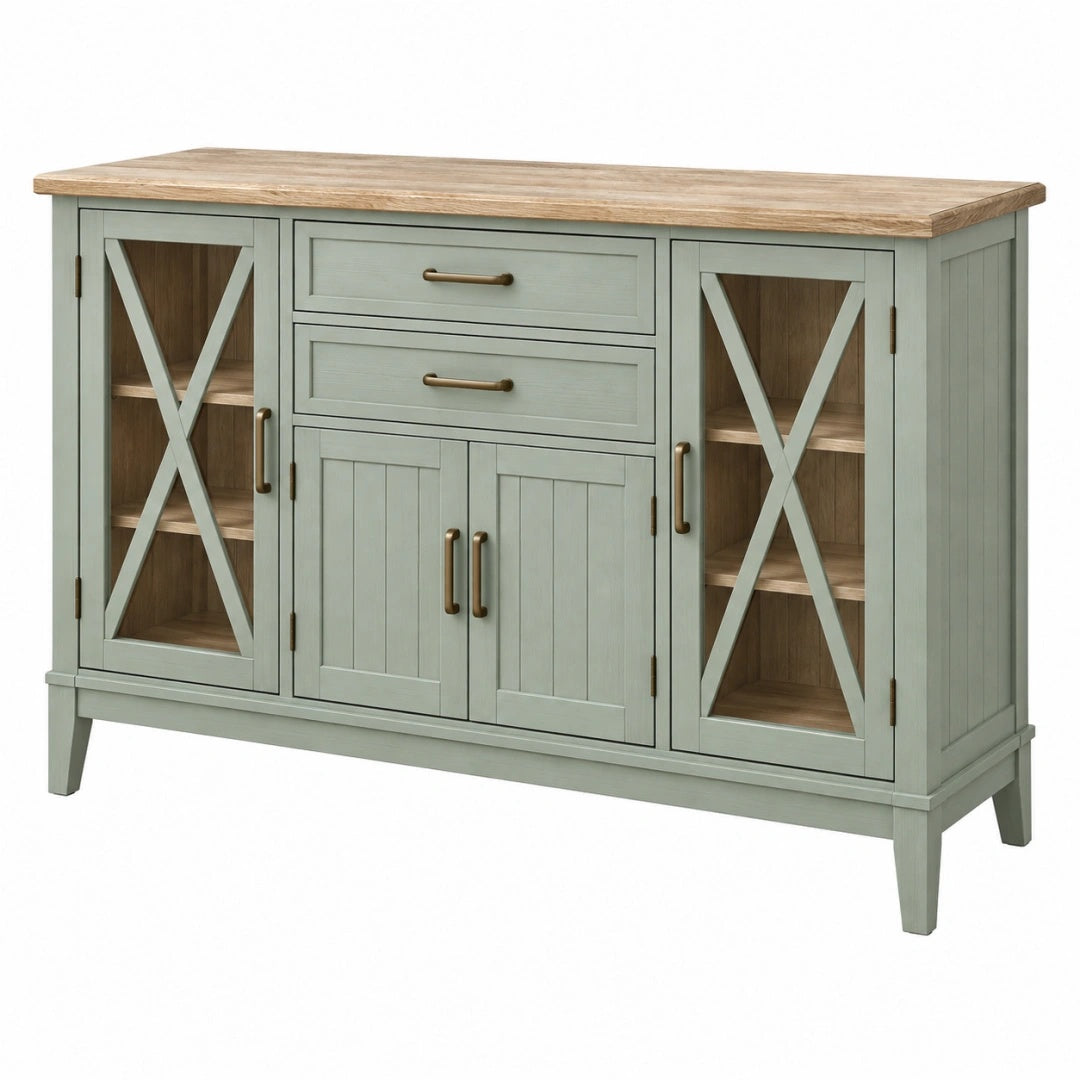 Buffet 140 x 45 x 90 cm en bois vert sauge et naturel avec rangements style campagne