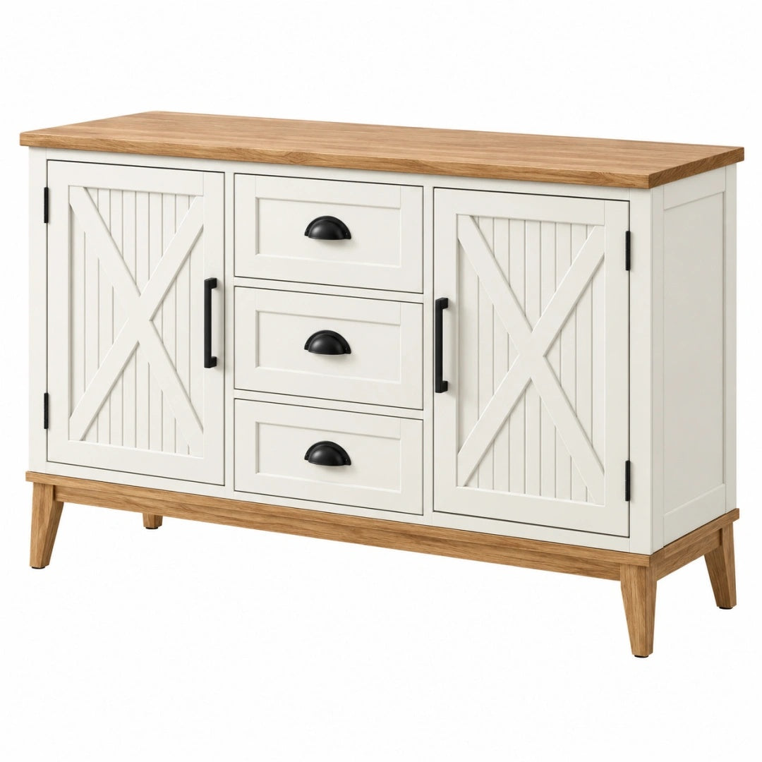 Buffet 140 cm blanc et bois naturel en bois style campagne avec 3 tiroirs et 2 portes