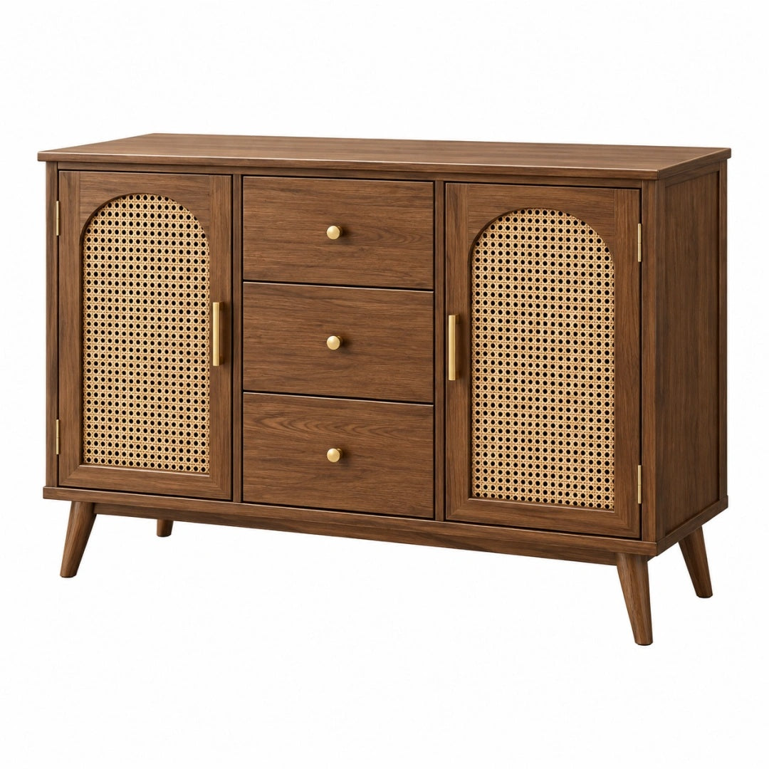 Buffet 140 x 40 x 85 cm en bois brun avec cannage naturel style vintage rangement