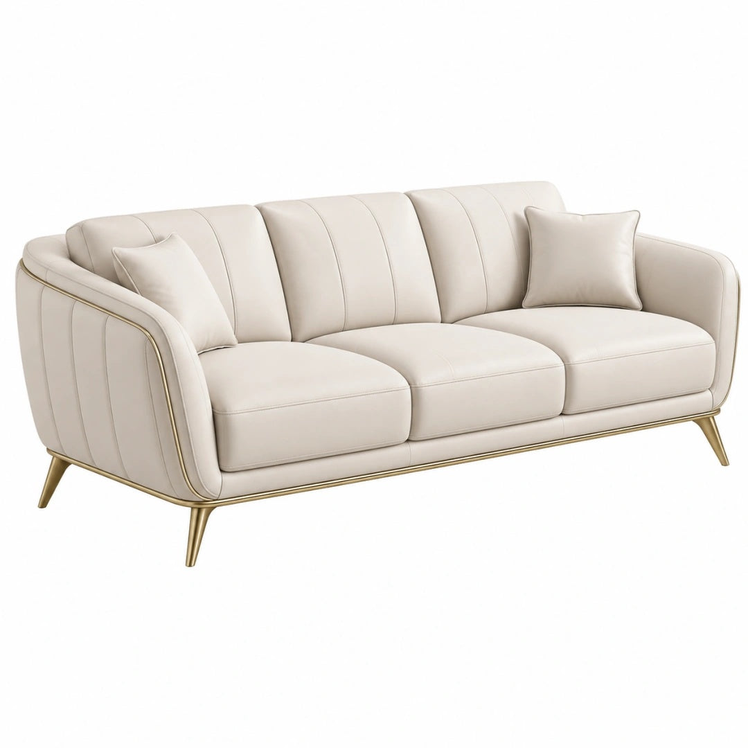 Canapé 3 places 220 cm beige revêtement aspect cuir pieds métal style contemporain