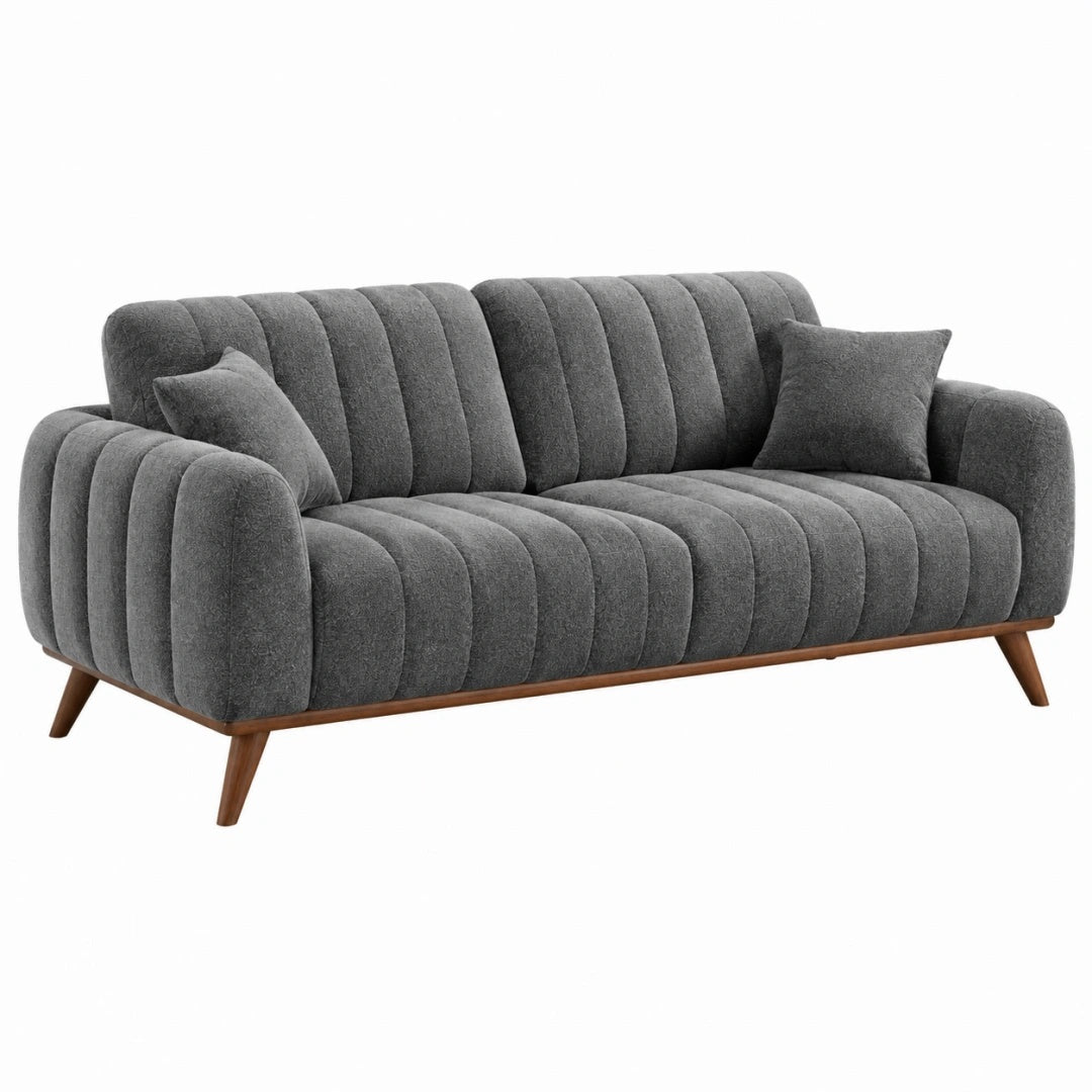 Canapé 3 places 220 cm en tissu gris pieds en bois style rétro capitonné