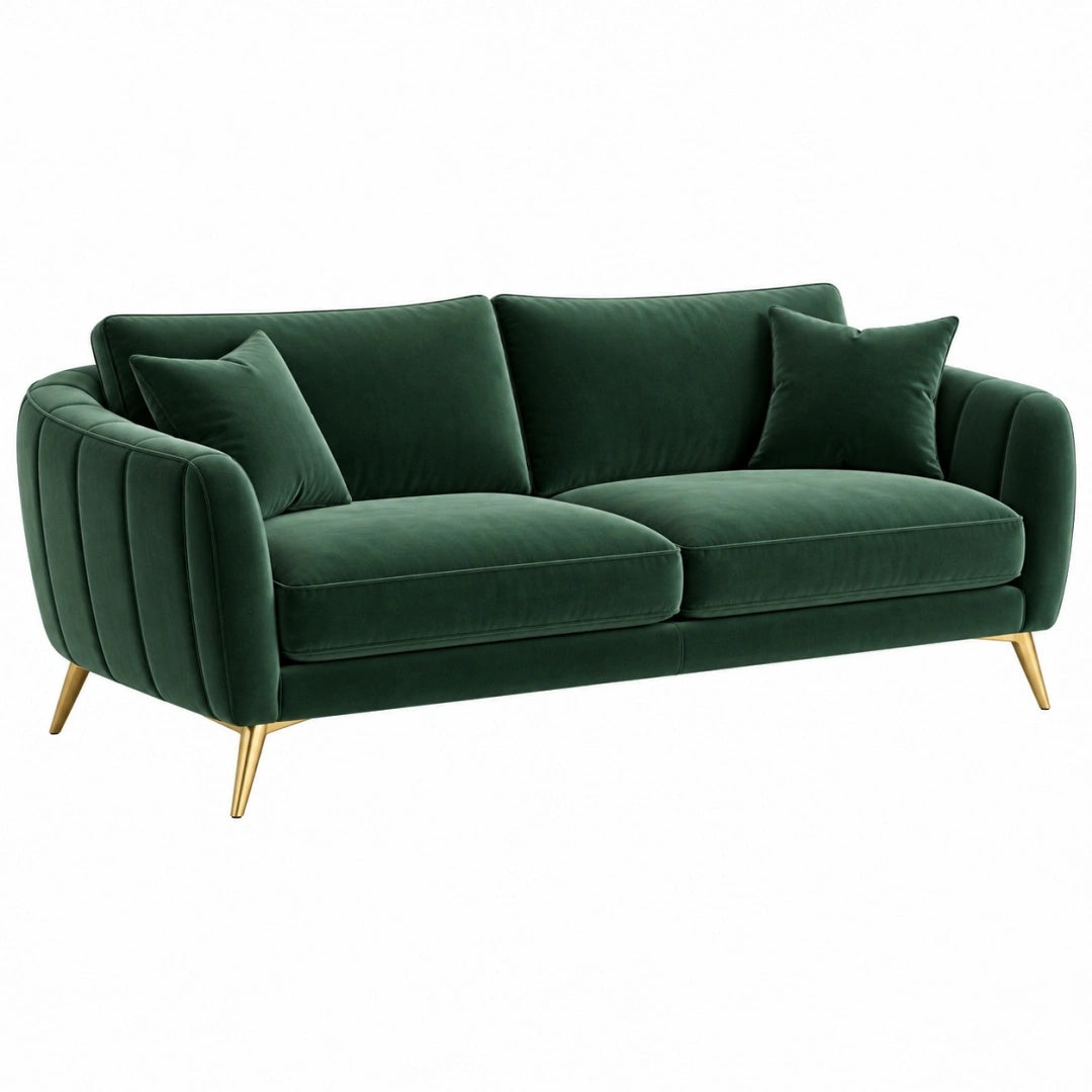 Canapé 2 places 180 cm en velours vert avec pieds métalliques style contemporain