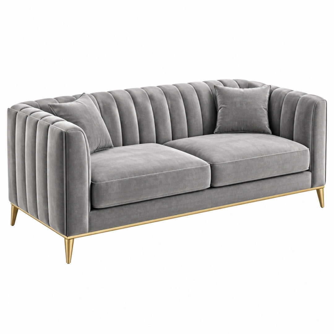 Canapé 2 places 170 cm en velours gris style Art déco à pieds dorés
