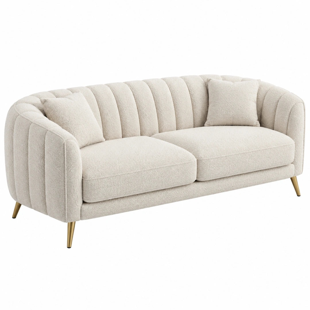 Canapé 2 places 180 cm en tissu bouclette ivoire avec pieds métalliques dorés