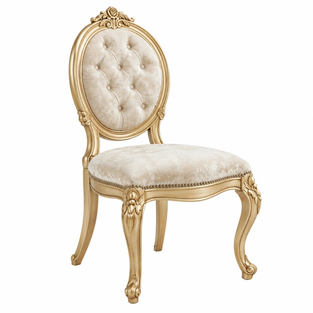 Chaise 50 x 55 x 100 cm en bois doré et tissu ivoire style classique capitonné