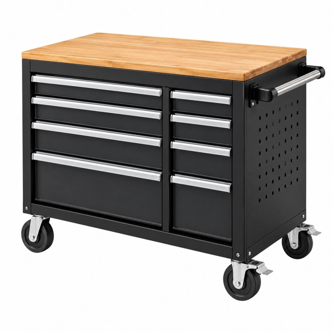 Servante d'atelier 104 x 52 x 95 cm en acier noir avec plateau en bois et 9 tiroirs