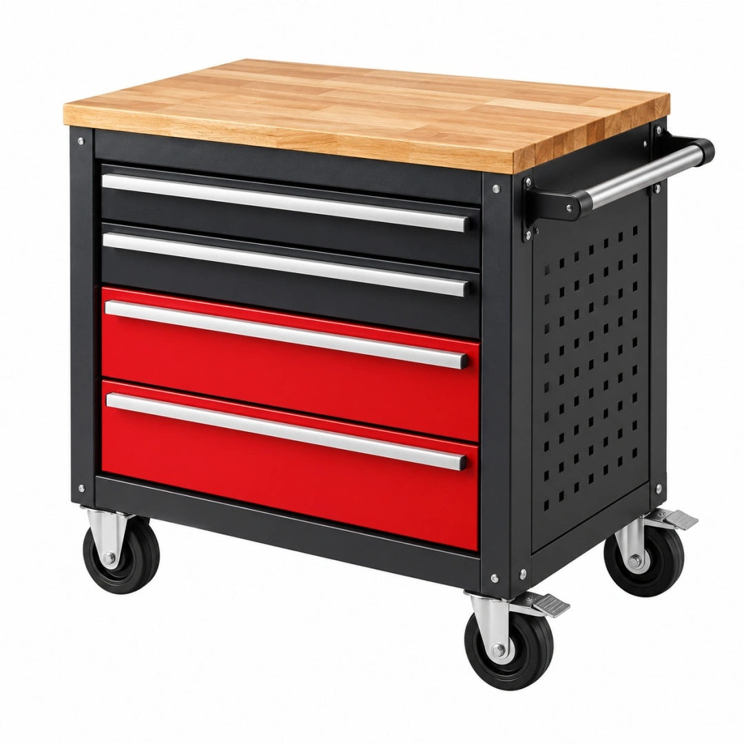 Servante d atelier 85 x 46 x 95 cm en métal noir rouge avec plateau en bois et 5 tiroirs