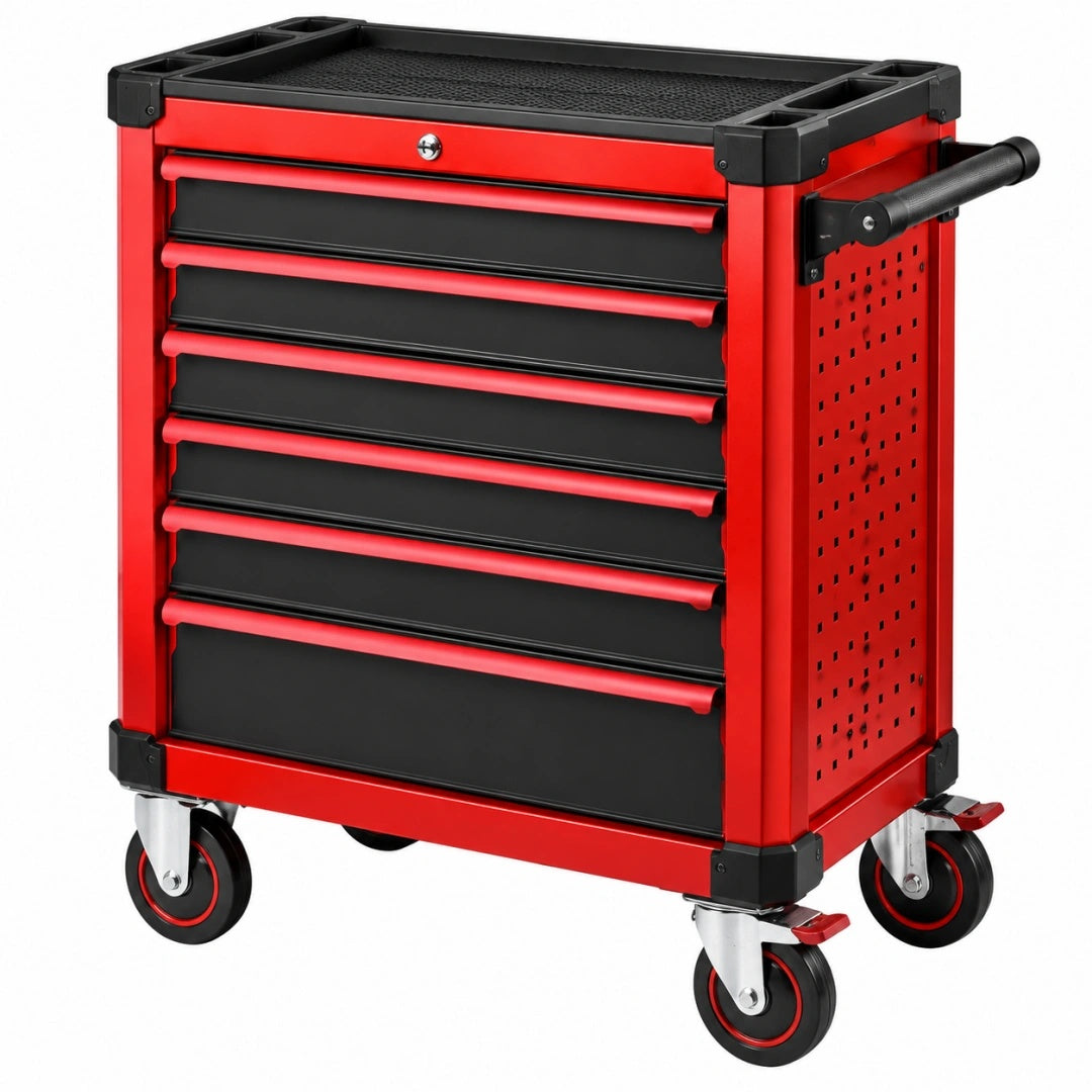 Servante à outils 77 x 46 x 97 cm en acier rouge et noir à 7 tiroirs mobile