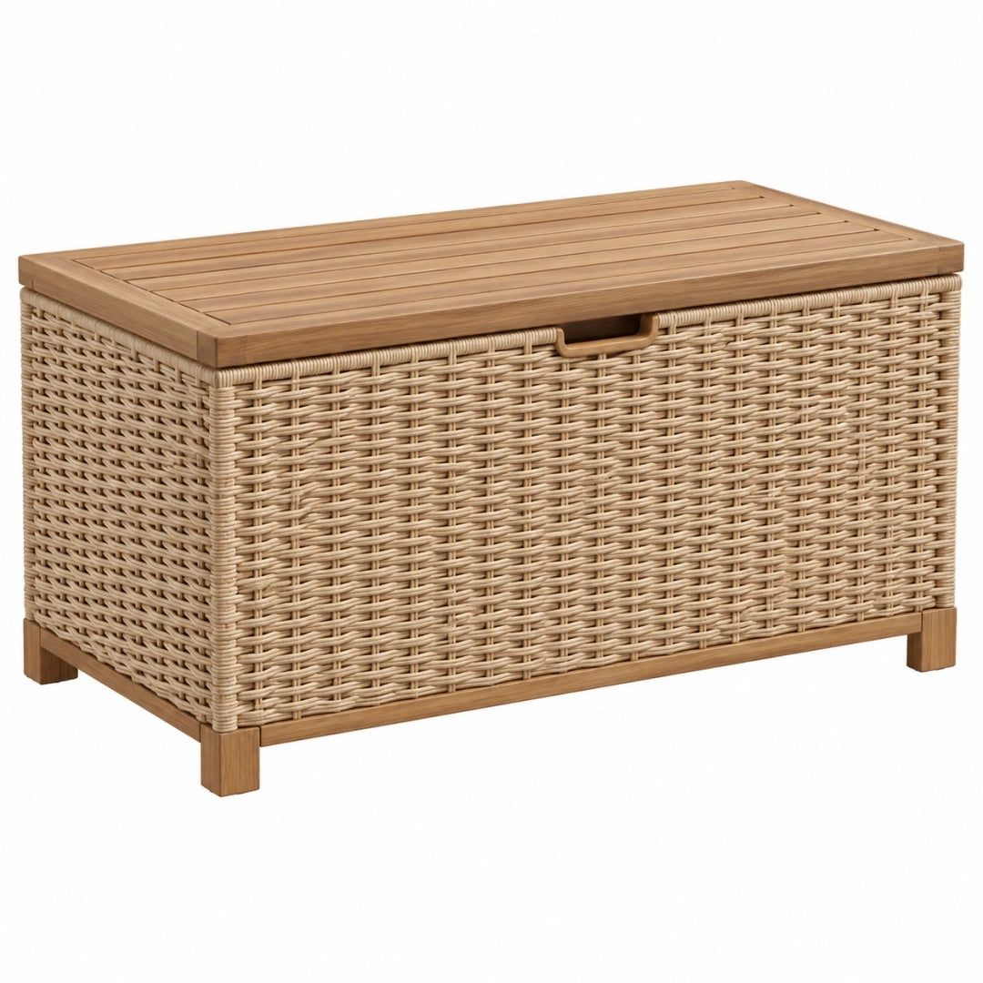Coffre de rangement 100 x 50 x 55 cm en osier et bois naturel style naturel avec couvercle