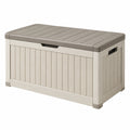 Coffre de rangement extérieur 120 x 60 x 63 cm en plastique beige et taupe avec couvercle style contemporain