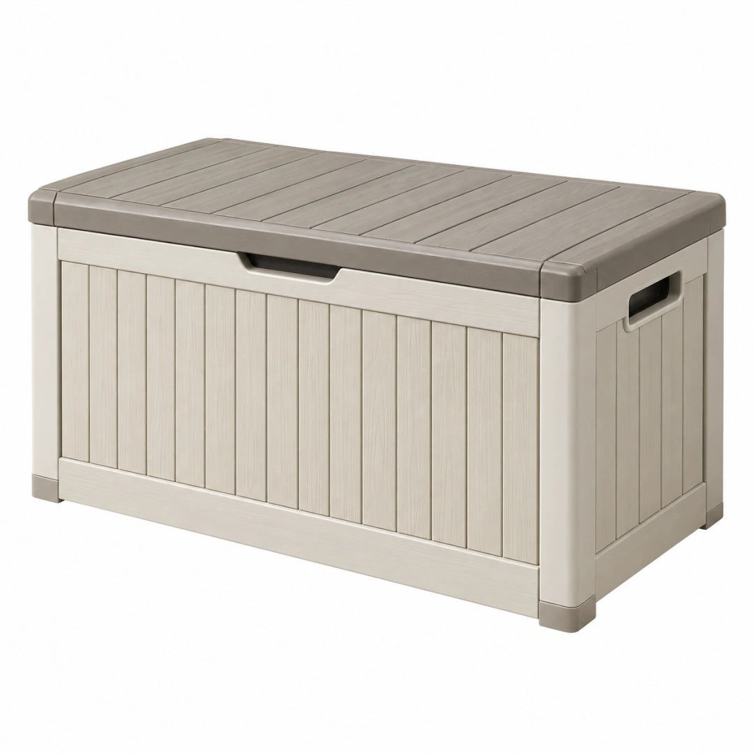 Coffre de rangement extérieur 120 x 60 x 63 cm en plastique beige et taupe avec couvercle style contemporain