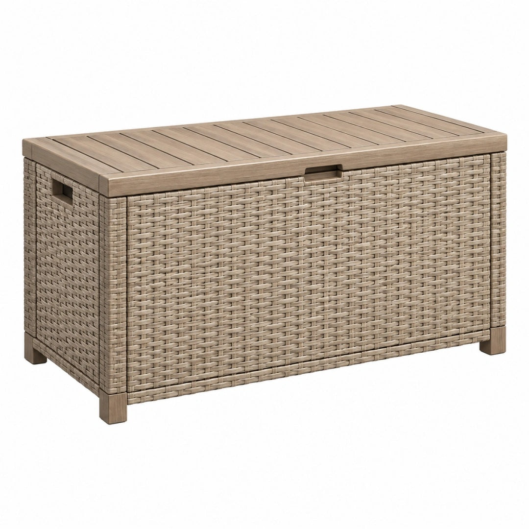 Coffre de rangement extérieur 120 x 60 x 60 cm en résine tressée beige avec couvercle effet bois