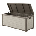 Coffre de rangement extérieur 130 x 75 x 72 cm en résine beige taupe avec couvercle assisté