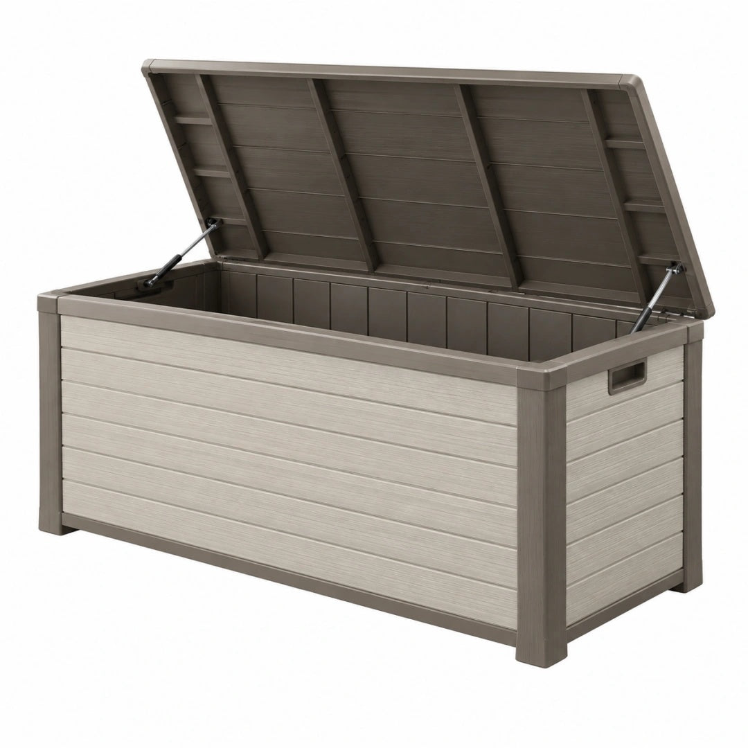 Coffre de rangement extérieur 130 x 75 x 72 cm en résine beige taupe avec couvercle assisté