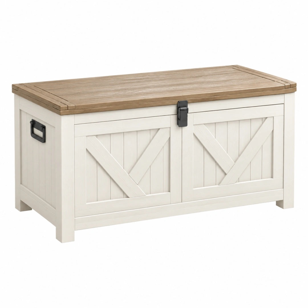 Coffre de rangement 120 x 50 x 55 cm en bois blanc et naturel style campagne