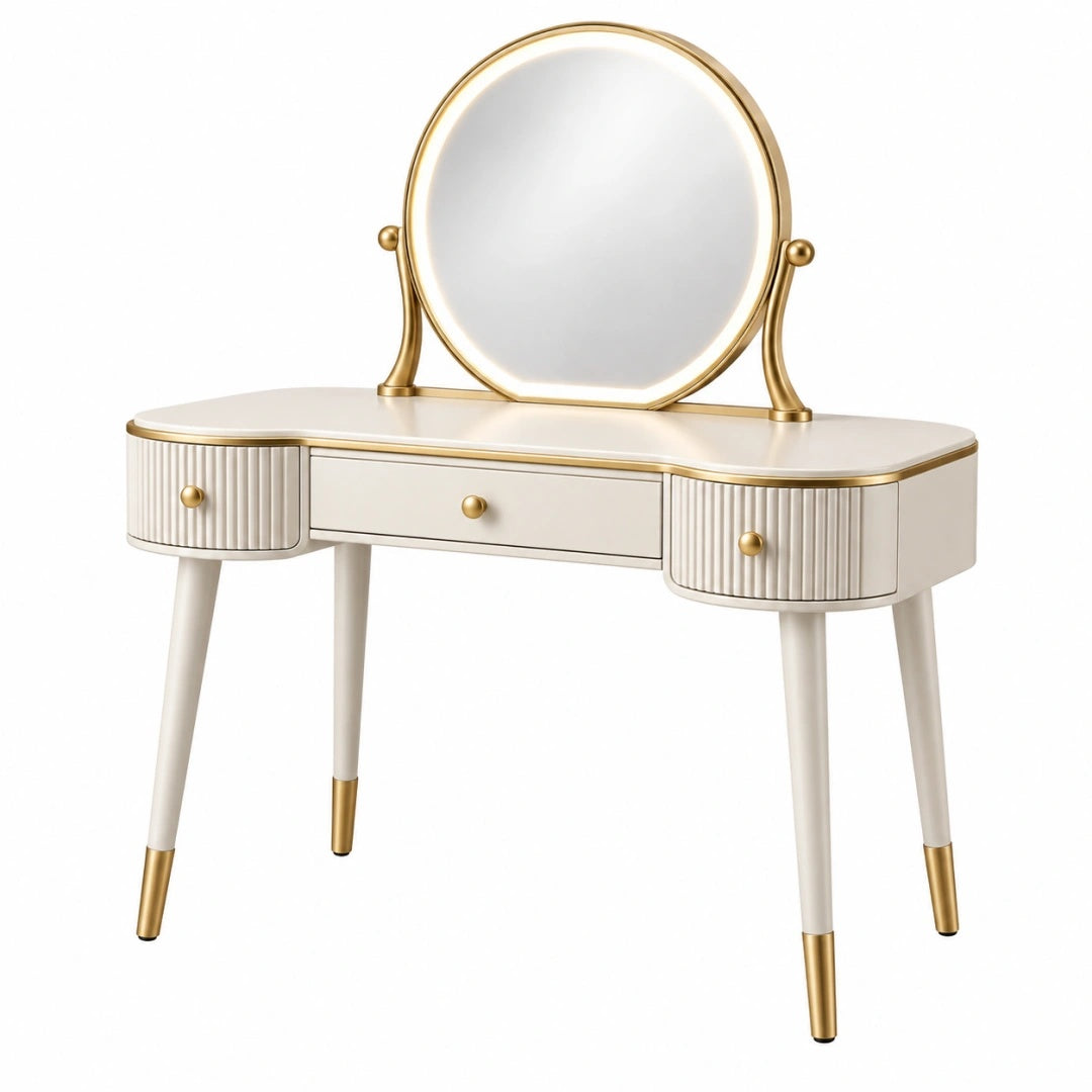 Coiffeuse 100 x 45 x 145 cm blanche et dorée avec miroir et tiroirs style contemporain