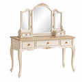 Coiffeuse 120 x 45 x 150 cm en bois blanc crème avec miroir triptyque et tiroirs style classique