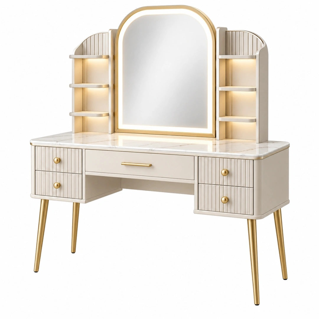 Coiffeuse 120 x 45 x 145 cm en bois blanc et doré avec miroir et rangements
