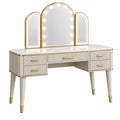 Coiffeuse 120 x 45 x 150 cm blanche et dorée avec miroir triptyque lumineux et 5 tiroirs style moderne