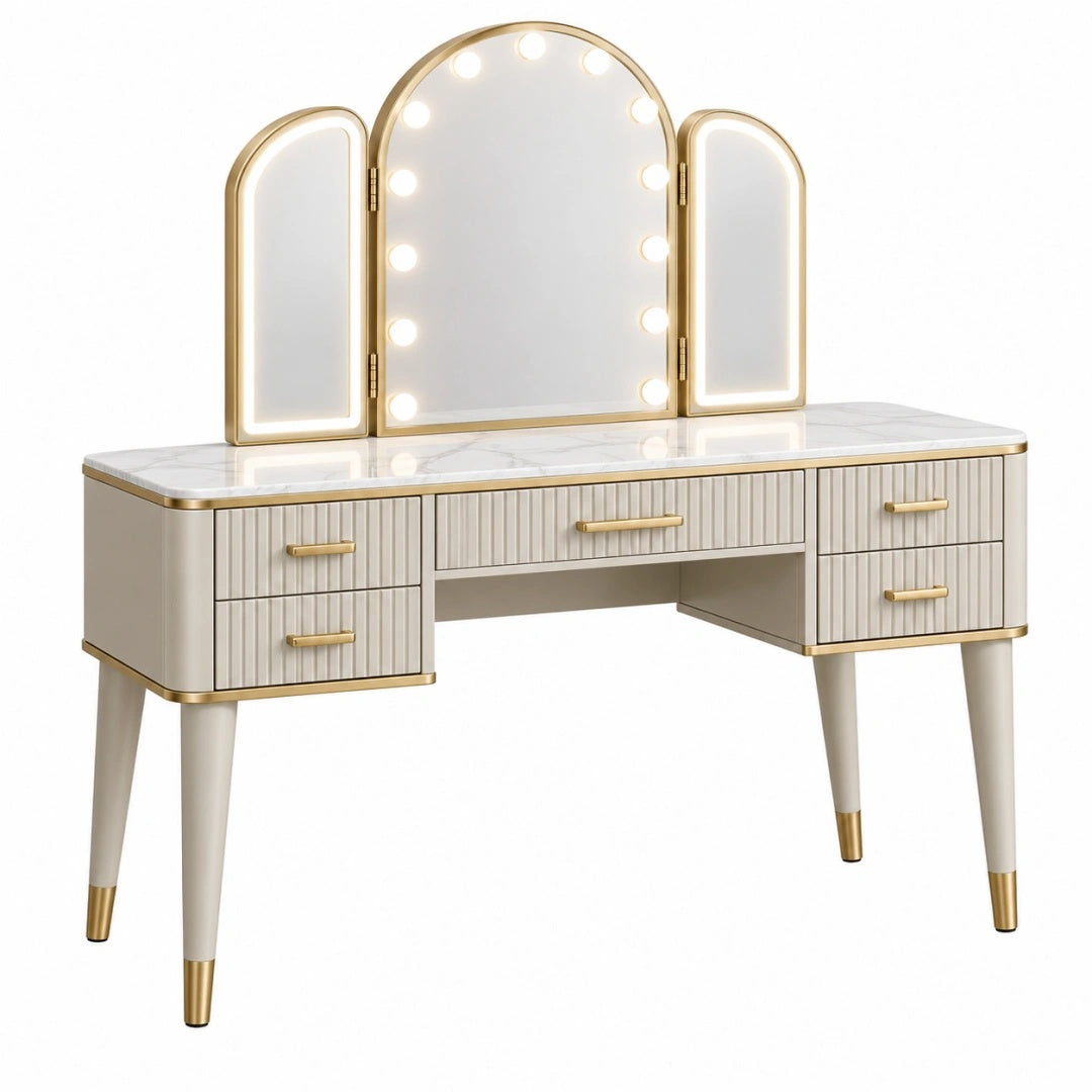Coiffeuse 120 x 45 x 150 cm blanche et dorée avec miroir triptyque lumineux et 5 tiroirs style moderne