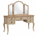Coiffeuse 120 x 45 x 150 cm en bois beige avec miroir triptyque et 5 tiroirs style classique