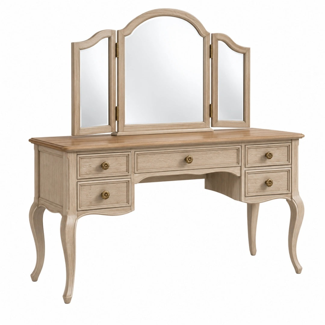 Coiffeuse 120 x 45 x 150 cm en bois beige avec miroir triptyque et 5 tiroirs style classique